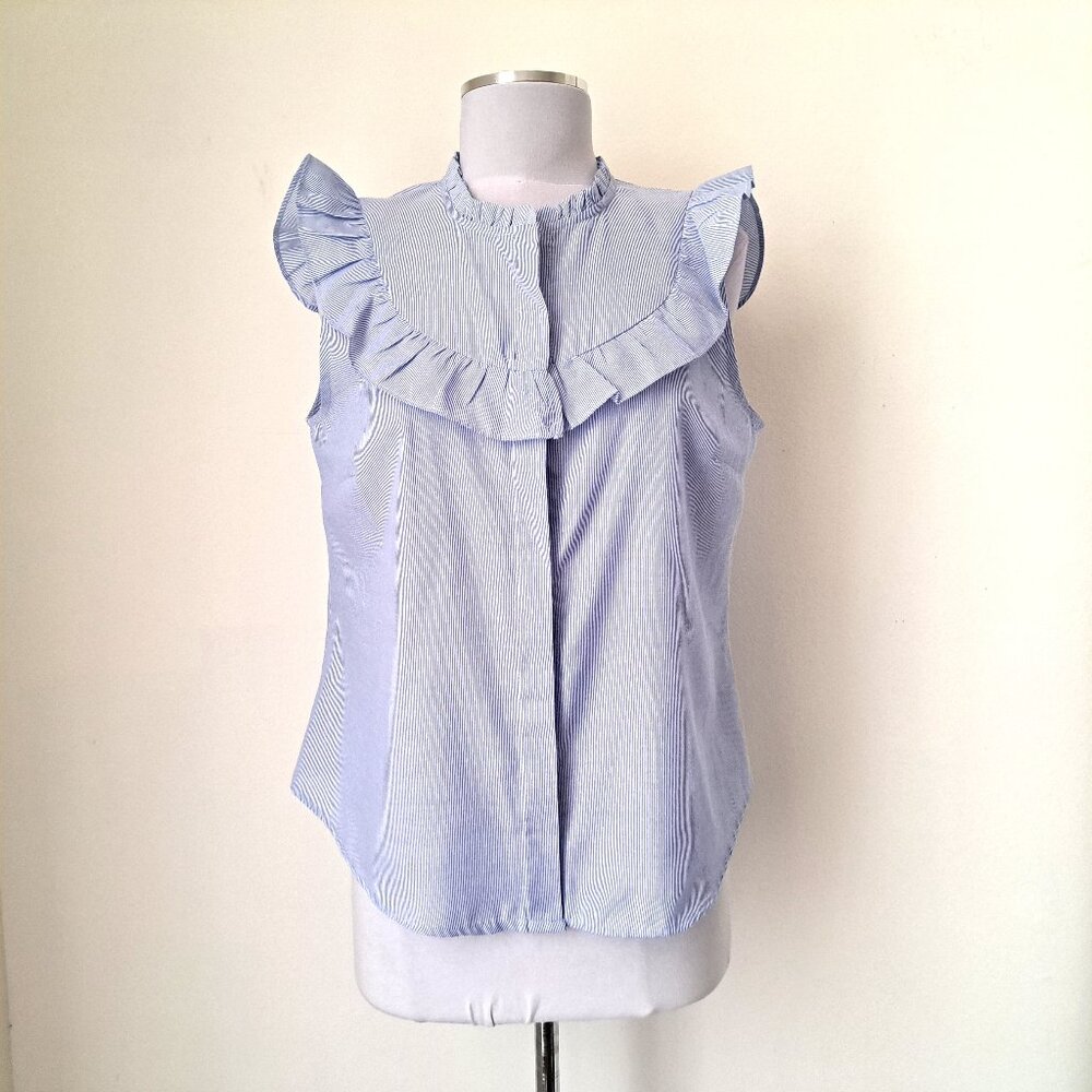 Rojada Women Top Sleeveless Stripes/Ruffle White/Blue Color Size XL Preo…